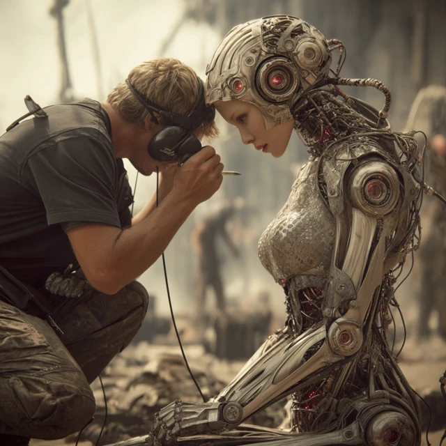 Man Repairing Bionic Woman in Dystopian Scene