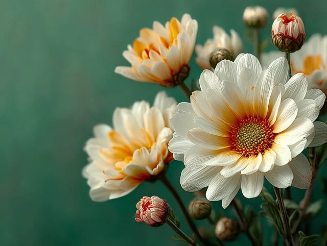 Orange and White Daisies on Green Background