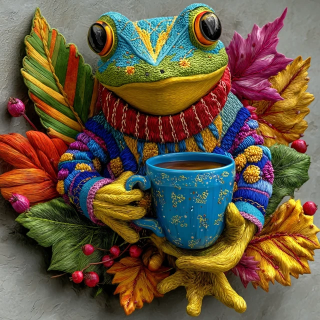 Embroidered Frog in Sweater and Scarf Illustration