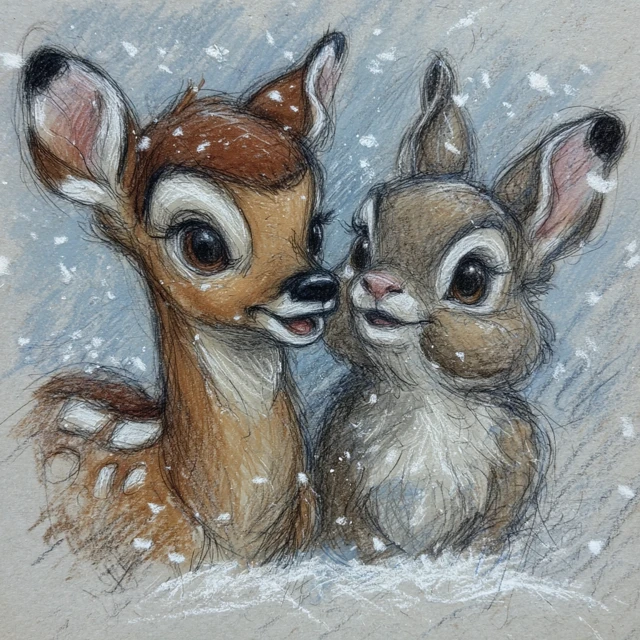 Bambi and Thumper in the Snow Pencil Sketch