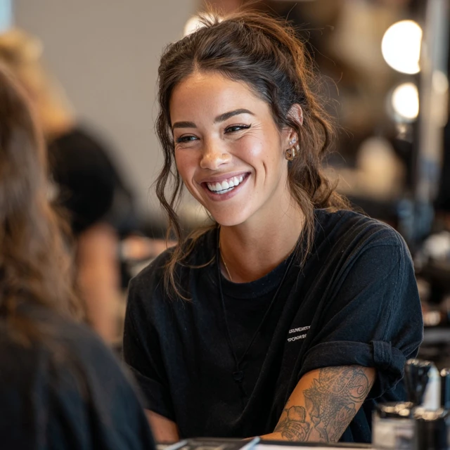 Makeup Artist Smiling at Work with Client