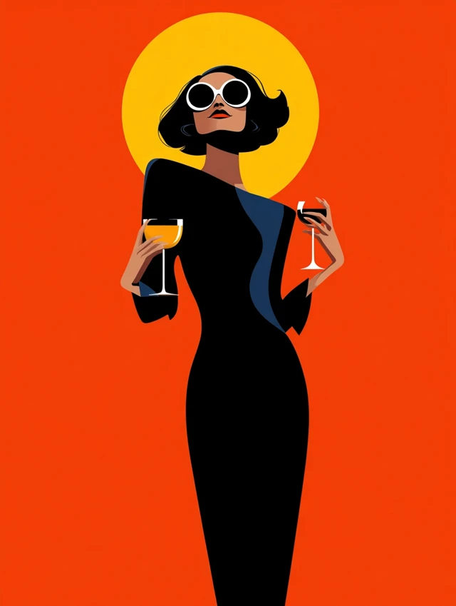 Elegant Woman Illustration with Wine - Minimal Vector Art