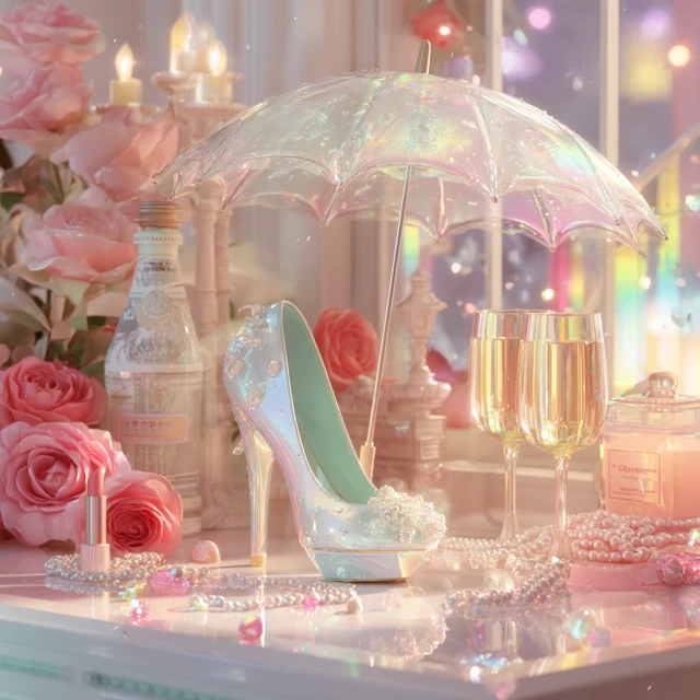 Luxury Scene Champagne Shoe Roses Pearls