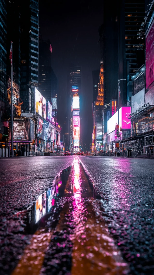 Empty Times Square at Night Neon Lights Reflections