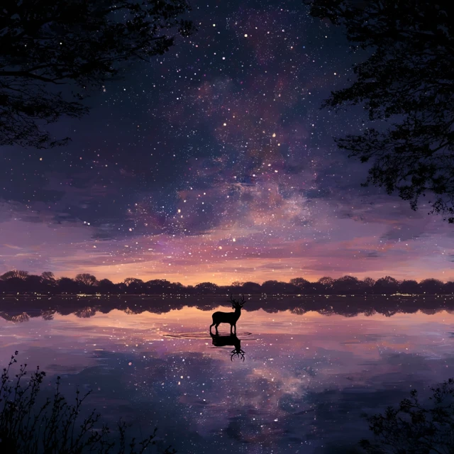 Starry Lake Deer Silhouette Illustration
