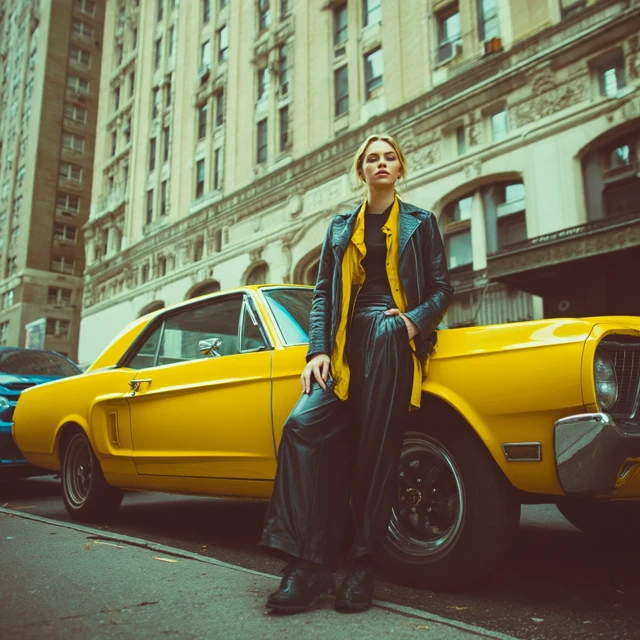 Fashion Shot Russian Model Manhattan Yellow Car