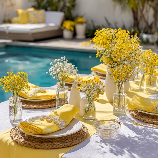 Backyard Poolside Table Setting with Flowers