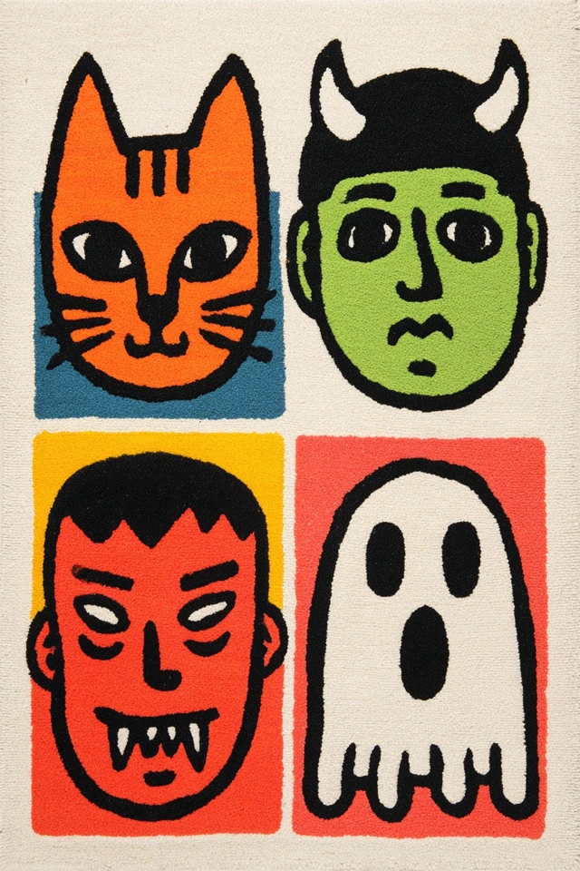 Colorful Cartoon Rug with Monster Faces