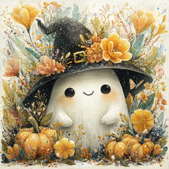 Cute Cartoon Ghost in Witch Hat Halloween Illustration