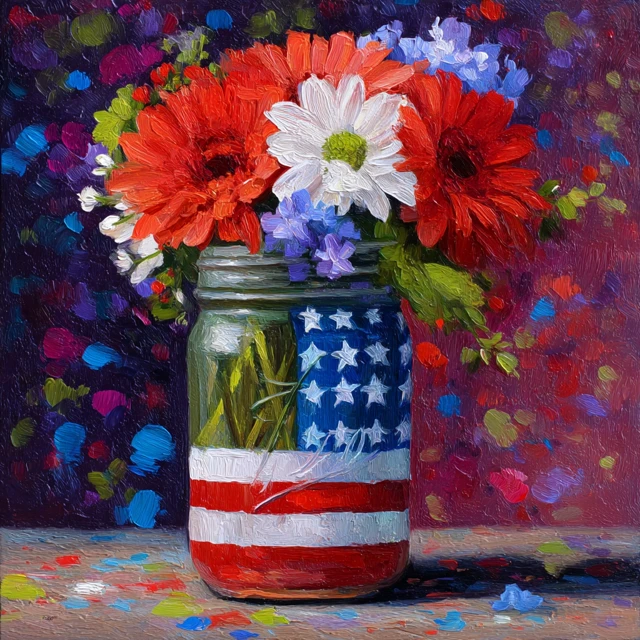 American Flag Mason Jar Flowers Painting