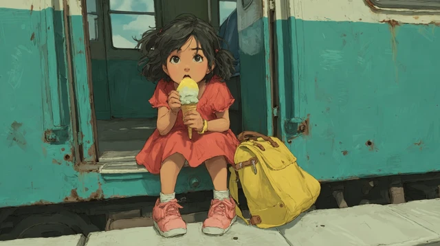 Little Girl Eating Ice Cream on a Train Illustration