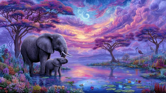Elephant Family at Waterhole - Dreamy Art