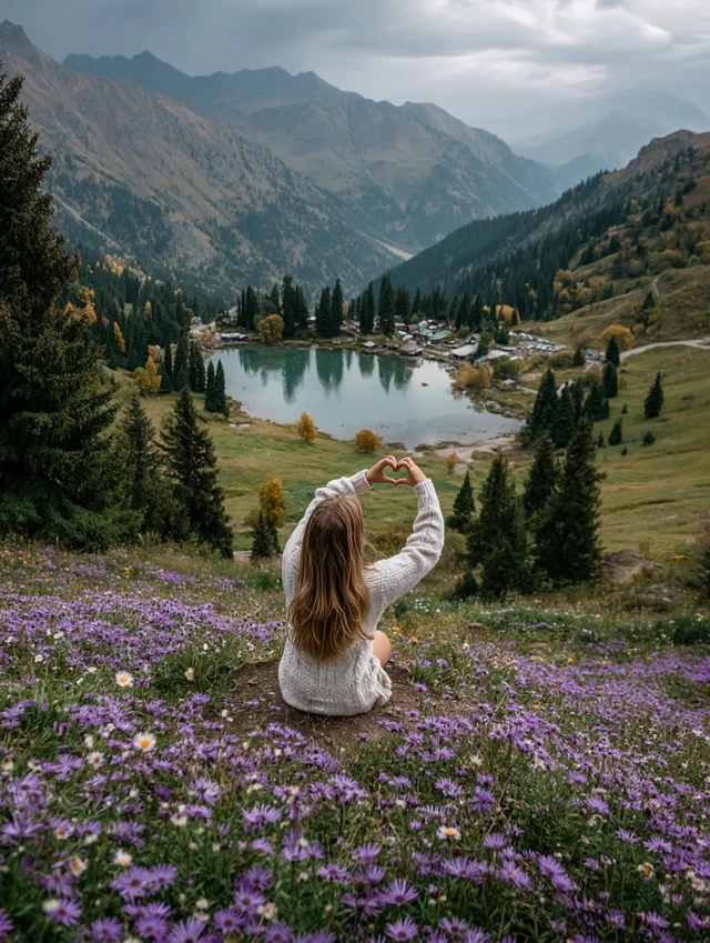 Girl in Mountains Lake View with Heart Shape Gesture