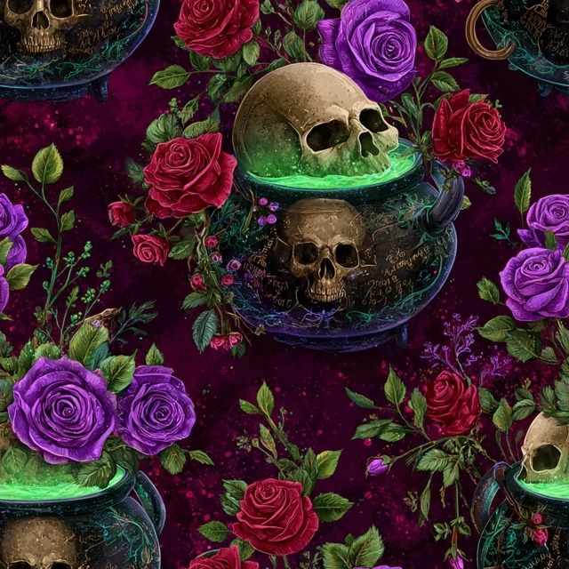 Gothic Skull Cauldron Seamless Pattern with Roses