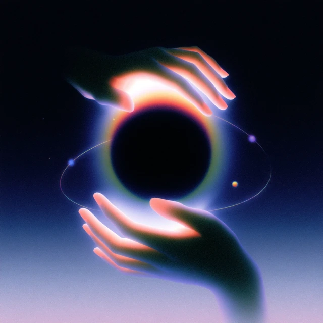 Neon Hands Cosmic Energy Sphere Retro Illustration