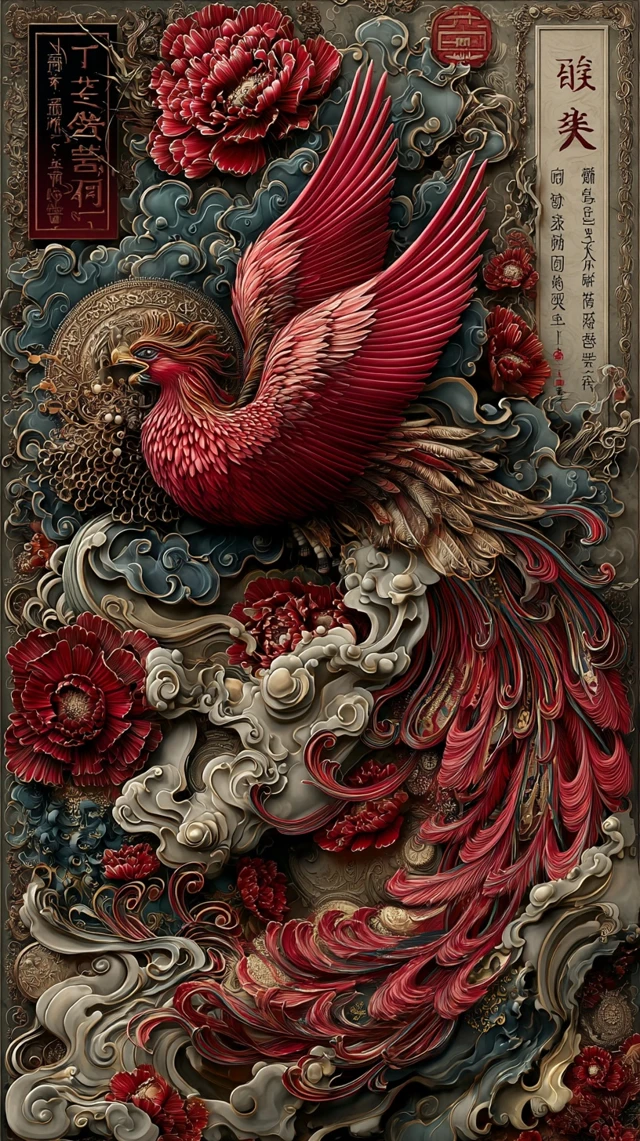 Zhu Que Chinese Vermilion Bird Watercolor Painting