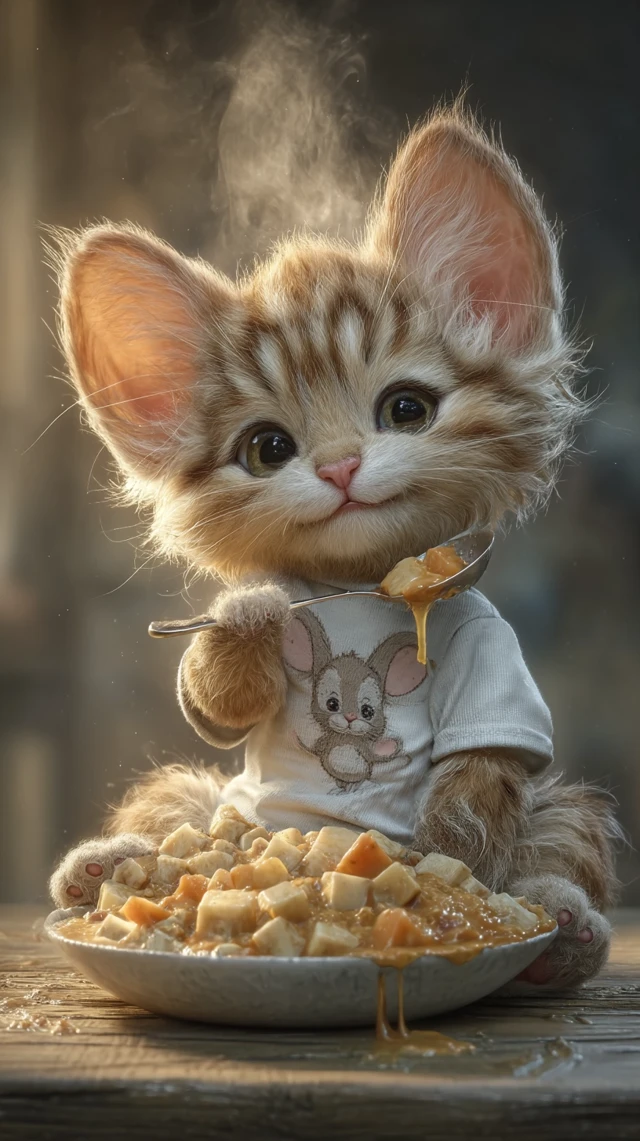 Bengal Kitten Eating Curry: Hyperrealistic Portrait