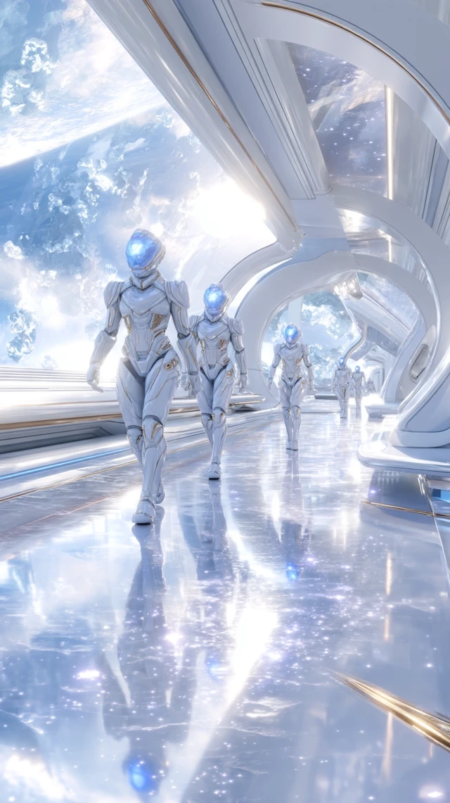 Futuristic Alien Race in Space Station Corridor
