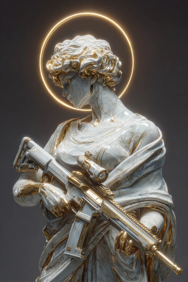 Marble Statue with Halo and Futuristic Rifle 3D
