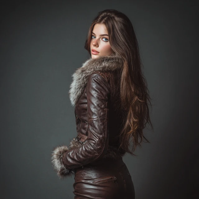Young Woman in Leather Winter Outfit