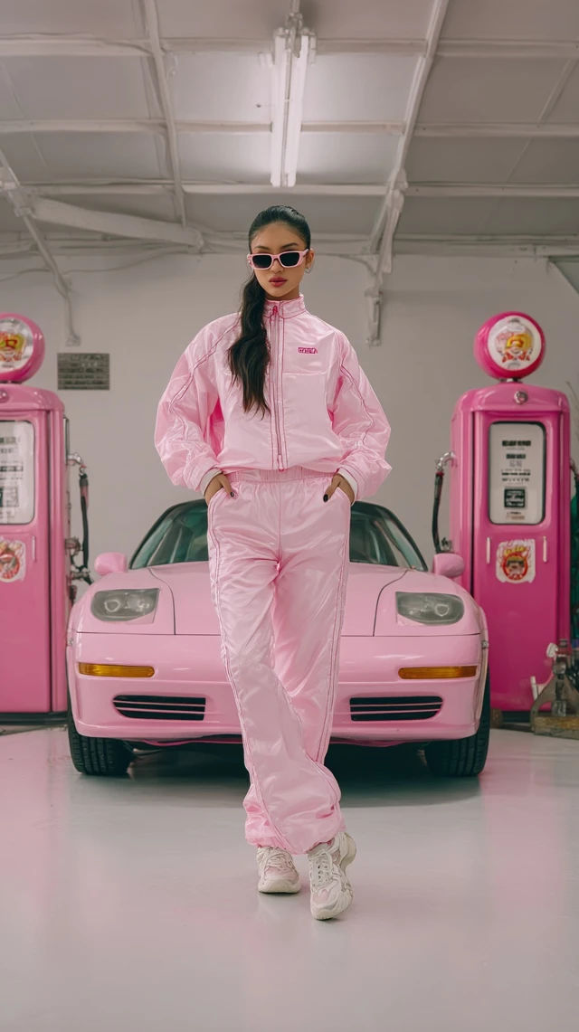 Asian Pop Star in Pink Racing Suit Editorial Photo