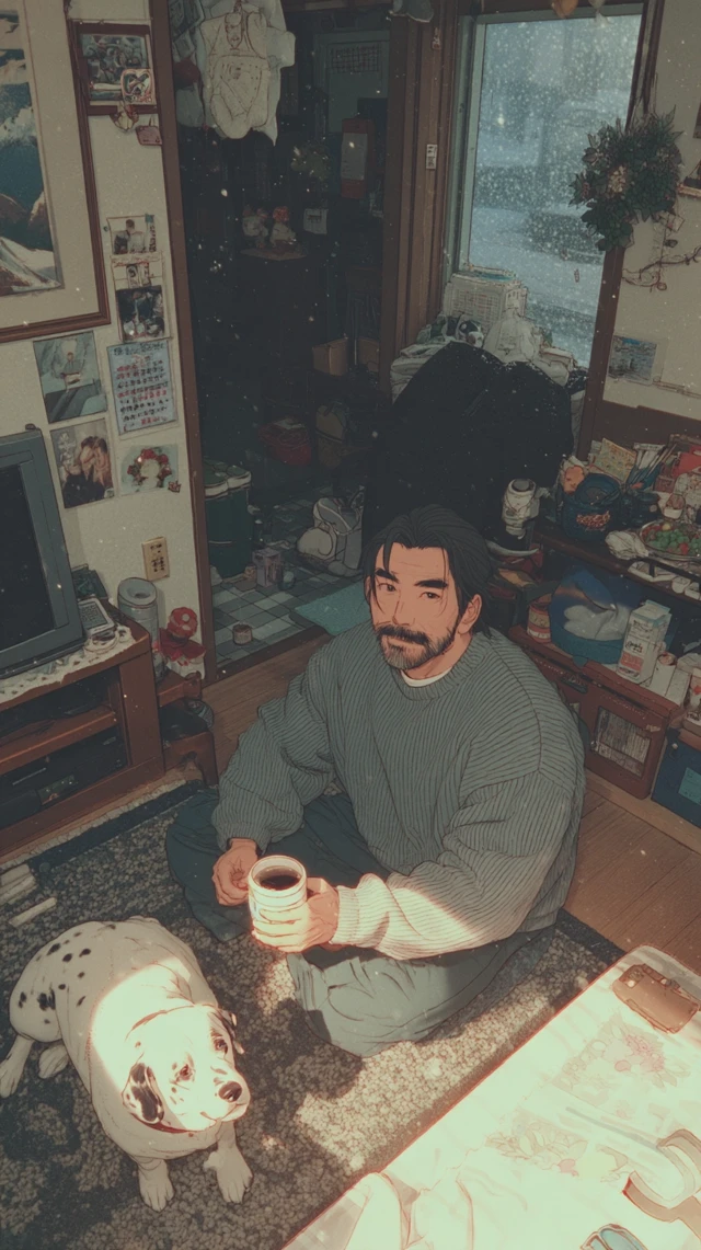 Man with Dog and Coffee in a Cozy Room