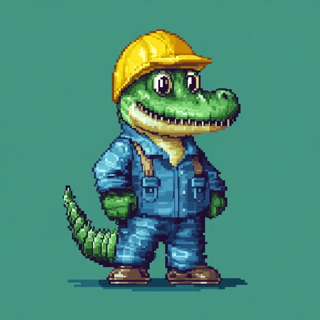 Pixel Art Crocodile in Yellow Helmet Blue Clothes