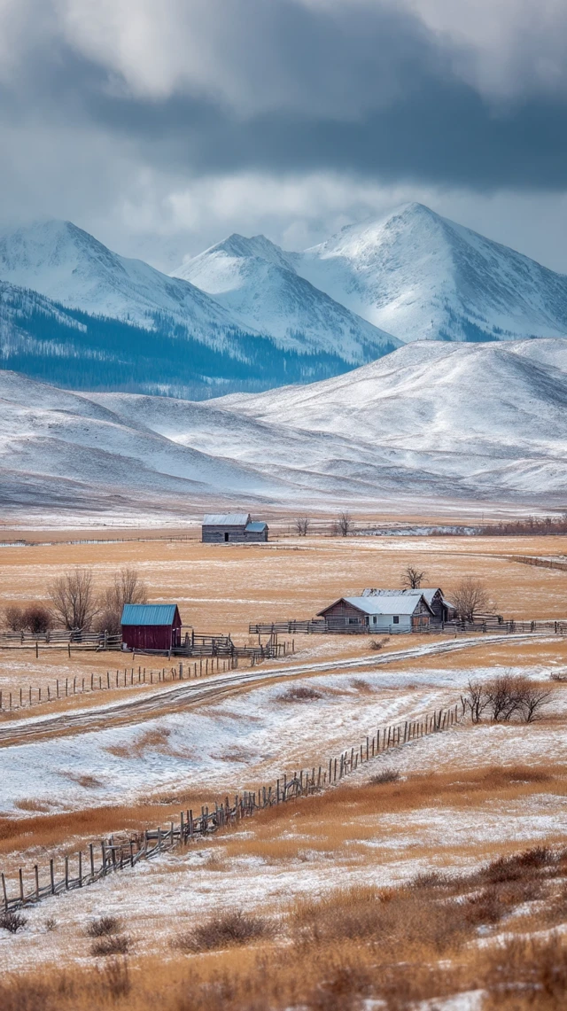 Snowy Field with Ranches and Mountains