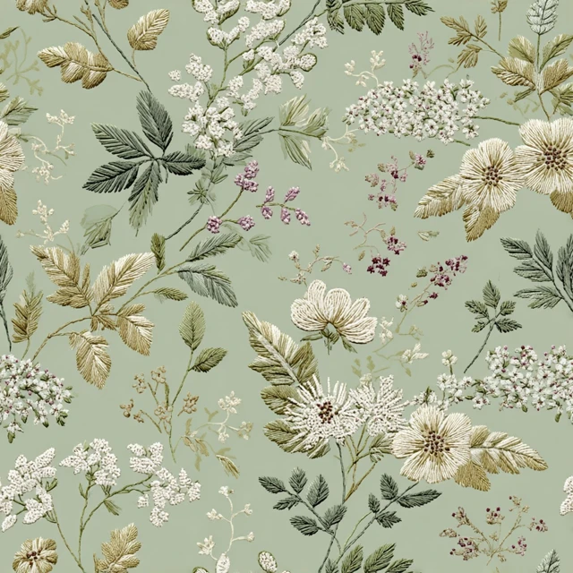 Embroidered Floral Pattern Sage Green Beige Delicate Details