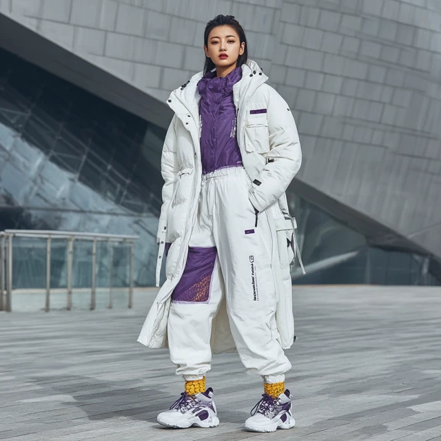 Supermodel in White Down Jacket Fashion Streetwear
