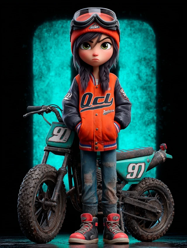 3D Cartoon Girl with Motorcycle Cool Pixar Style