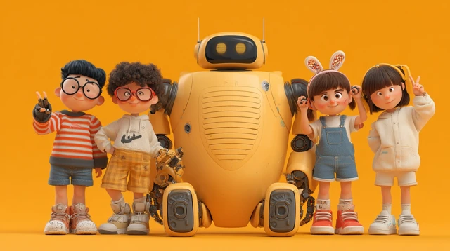 AI Robots Playing Games with Children Cartoon Wallpaper