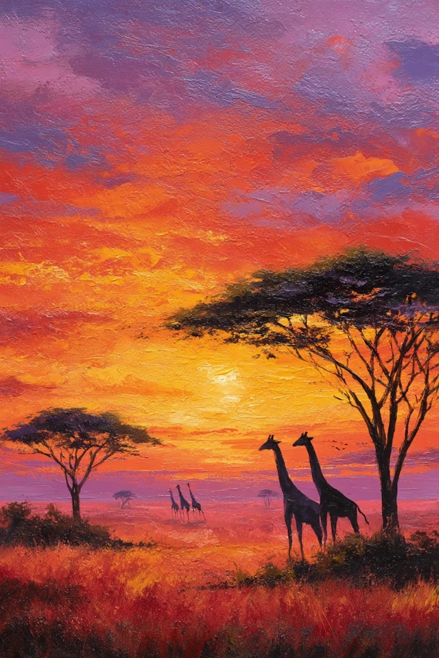 African Savannah Sunset Painting Giraffes Acacia Trees