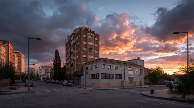 City Street Corner Buildings Sunset Clouds