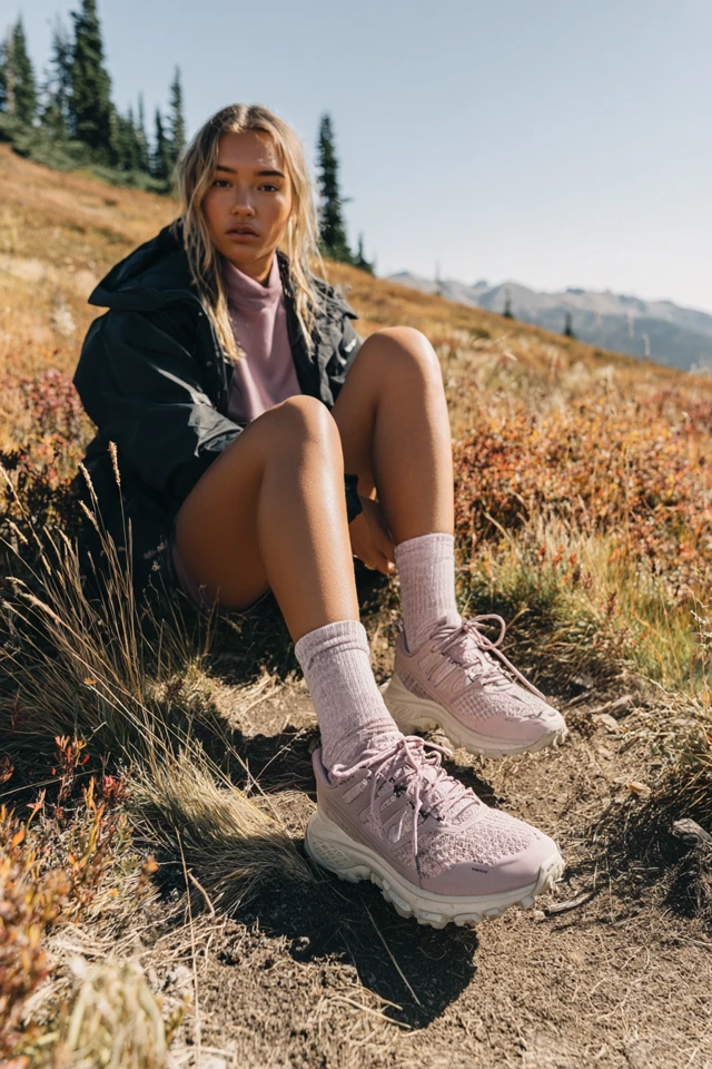 Pink Trail Sneakers in a Mountain Field