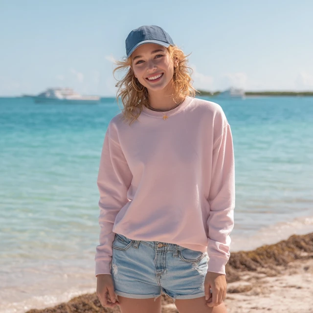 Cute Girl in Pink Sweatshirt on Beach