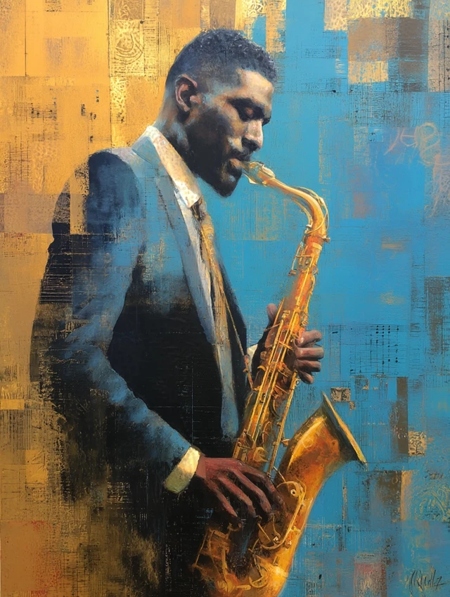 Jazz Saxophonist in Shades of Blue and Gold Portrait
