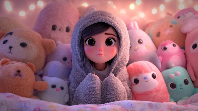 3D Animated Girl in Hoodie Surrounded by Plush Toys