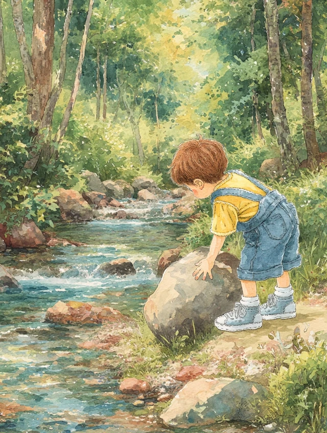 Boy Exploring Forest Stream Watercolor Art