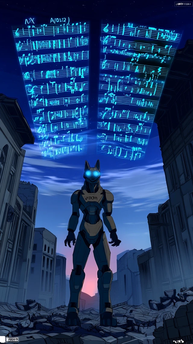 Anime Robot Dog in Ruins with Musical Holograms