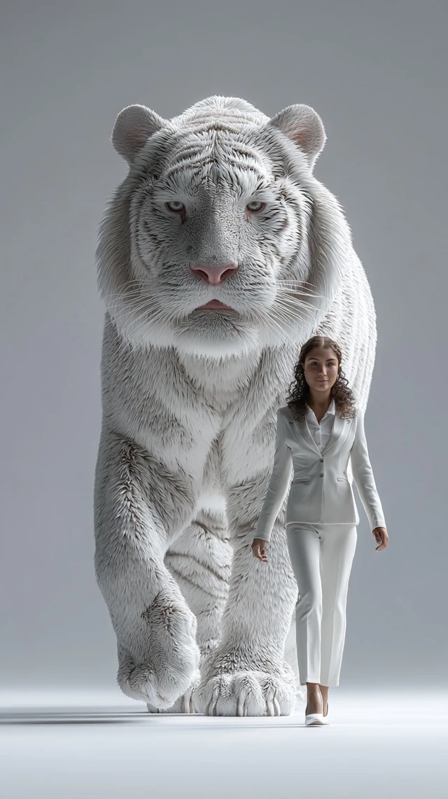 Woman and White Tiger Hyper Realistic Portrait