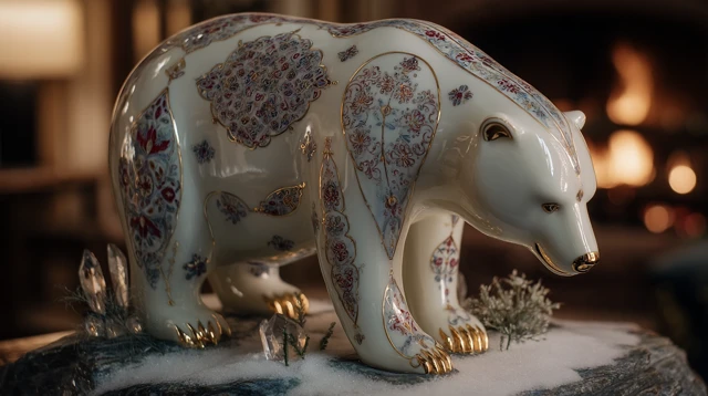 Porcelain Polar Bear Sculpture Fireplace Cabin