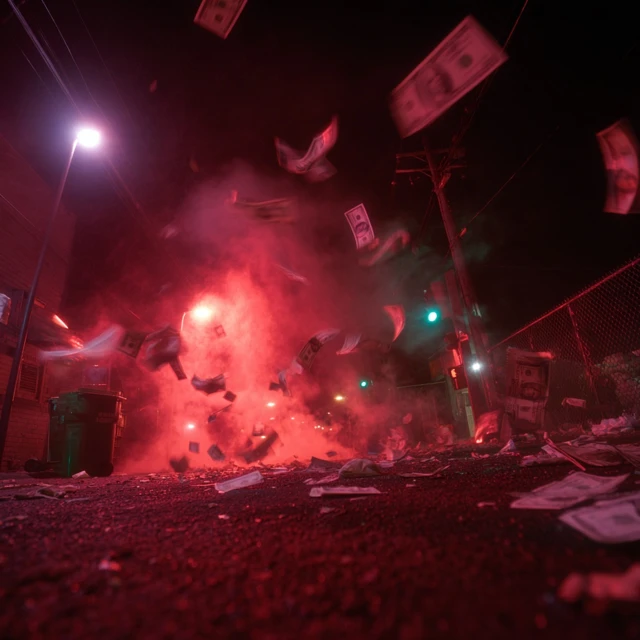 City Gunfight Action Scene with Dollars in the Air