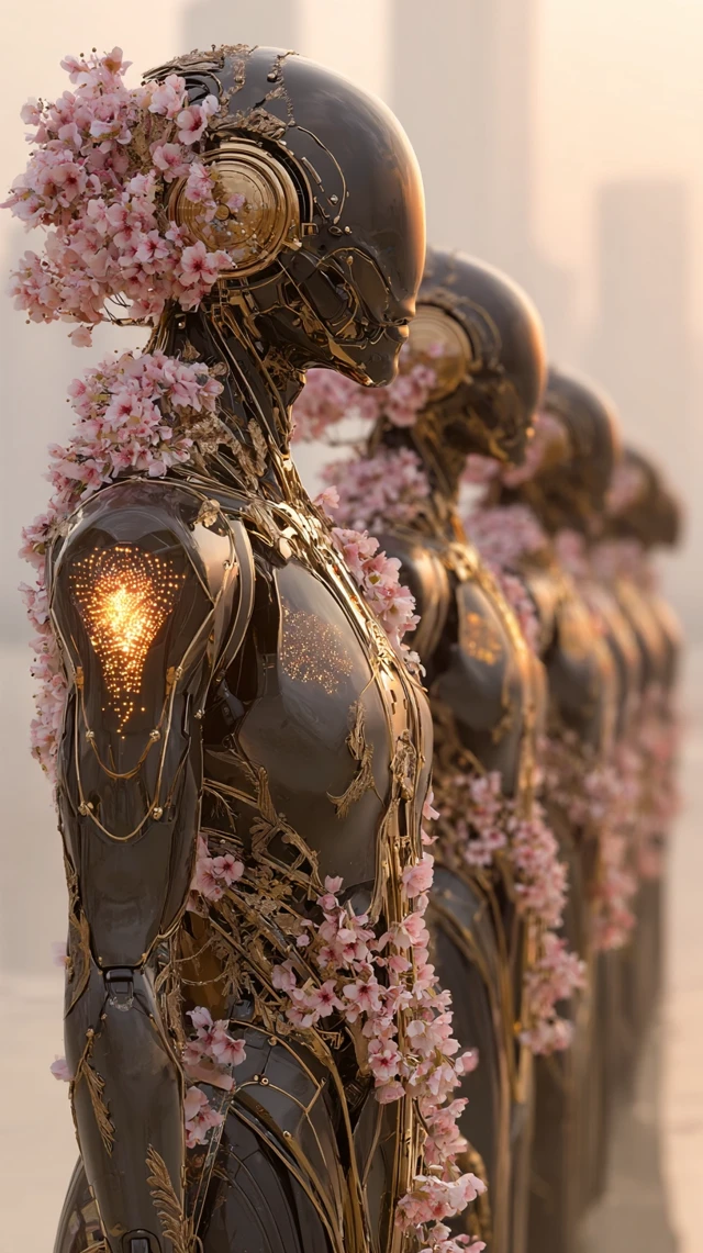 Futuristic Androids in Floral Armor at Dawn