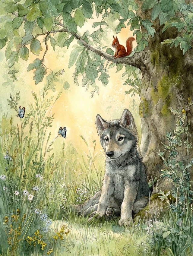 Wolf Pup in a Sunny Meadow Watercolor Illustration