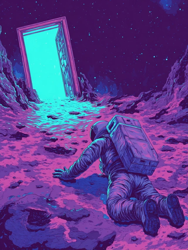 Astronaut in Space Reaching for Doorway