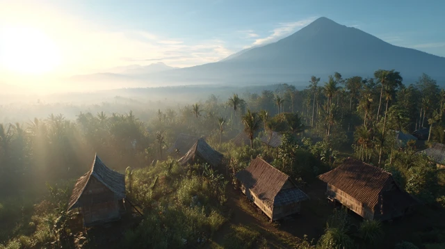 Indonesian Village Drone Shot Mountain Scenery Golden Light
