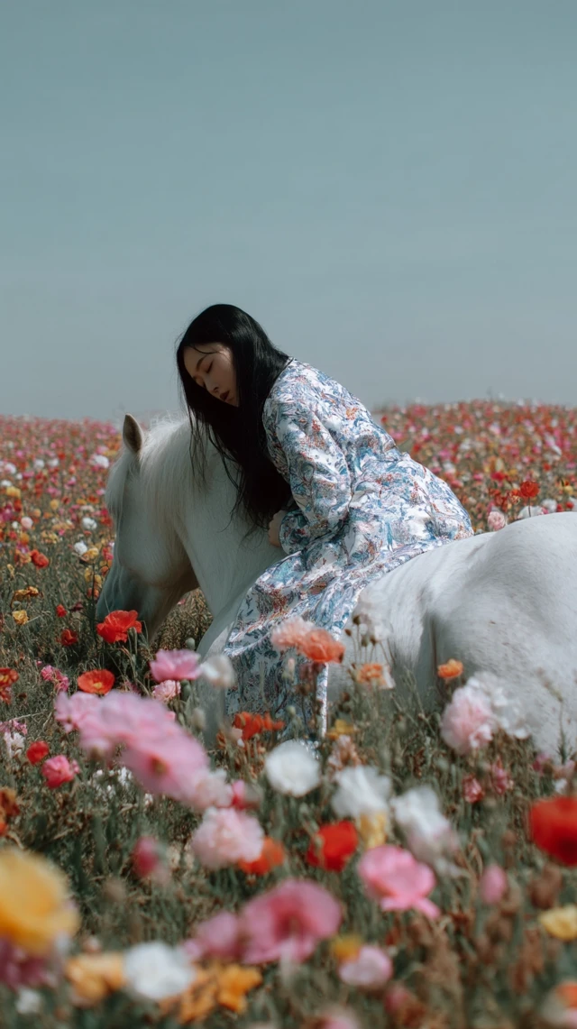 Dreamlike Photo Woman Horse Flowers