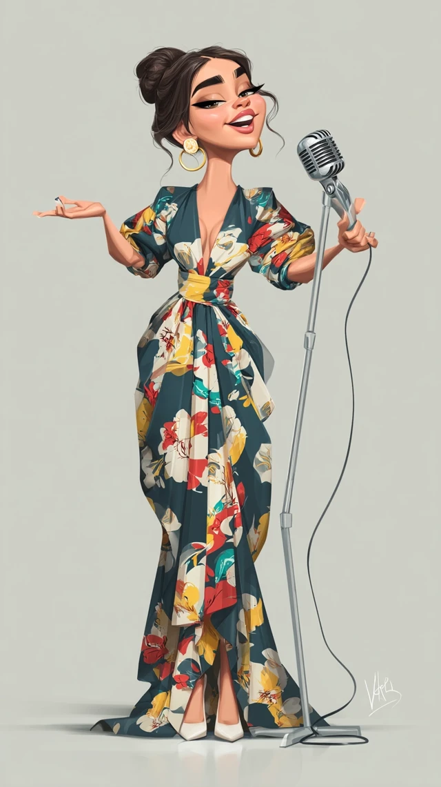 Beautiful Singer in Floral Dress - Digital Caricature Art