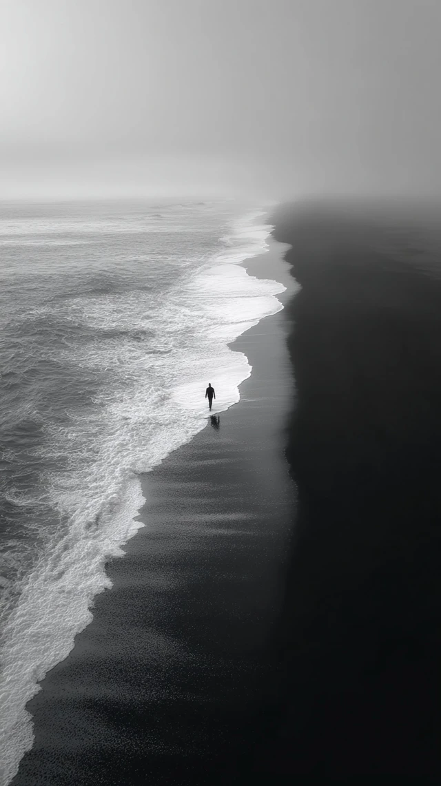Black Sand Beach Foggy Morning Lone Figure